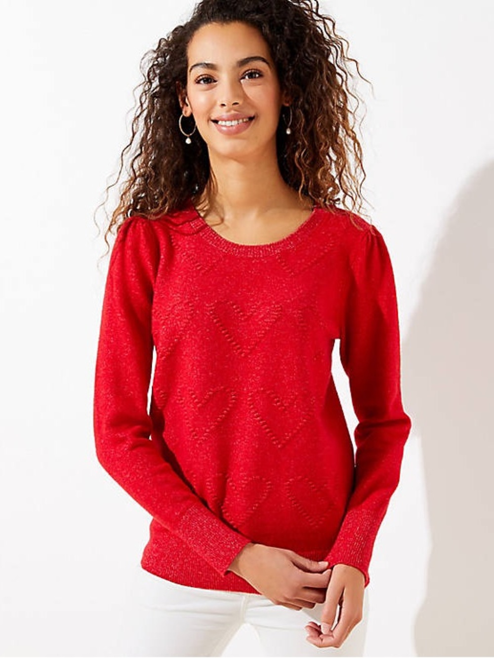 LOFT Bright Red Puff-Sleeve Crewneck Sweater